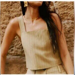 Frank & Oak Tank LINEN Top XL NWT Striped Yellow Beige TENCEL Blend Square Neck